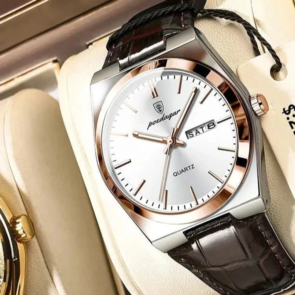 POEDAGAR WATCH MODEL 930 BELT BROWNE ROUND ROSE GOLDEN DIAL WHITE COLOUR WATCH FOR MAN