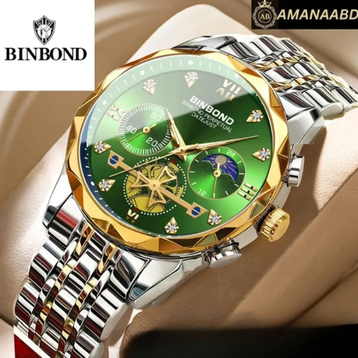 BINBOND Chronograph TOTON AR DIAL GREEN COLOUR WATCH FOR MAN LOCK PUSH + এক পিস ব্যাটারি ফ্রি।