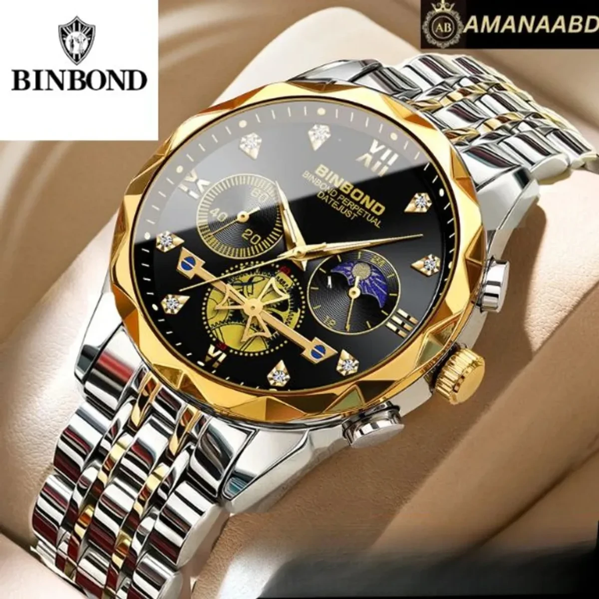 BINBOND Chronograph watch TOTON AR DIAL BLACK COLOUR WATCH MEN LOCK PUSH + এক পিস ব্যাটারি ফ্রি।