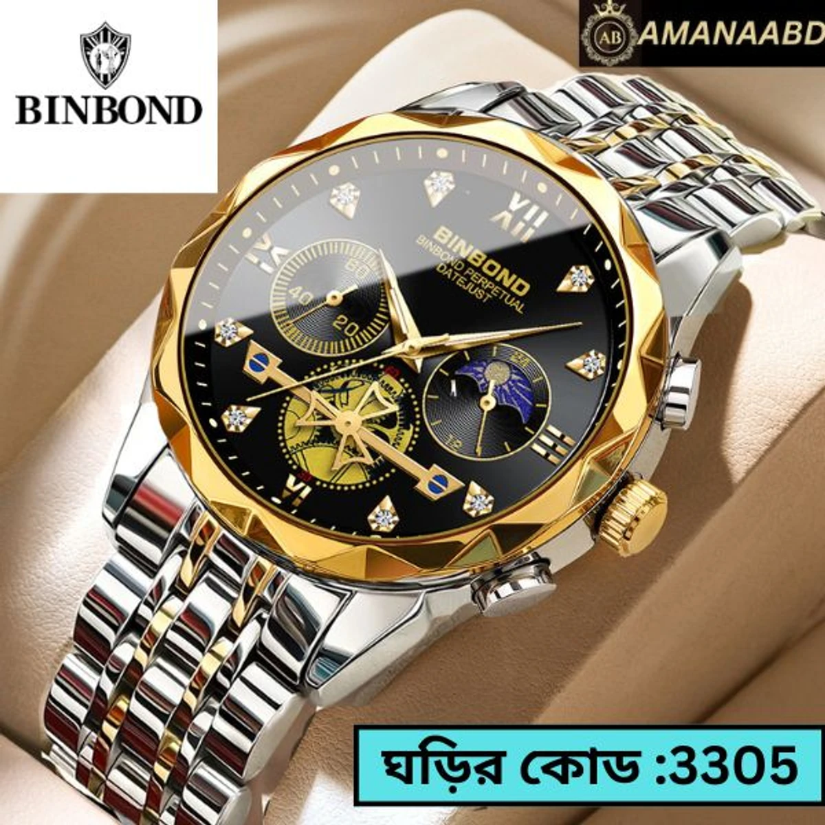 BINBOND Chronograph watch TOTON AR DIAL BLACK COLOUR WATCH MEN LOCK PUSH + এক পিস ব্যাটারি ফ্রি।