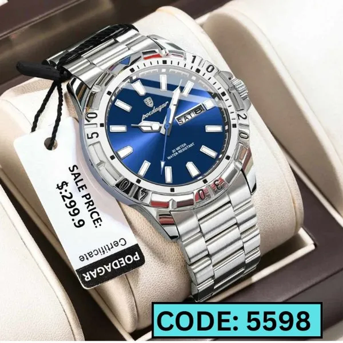 POEDAGAR WATCH MODEL 959 SILVER CHAIN DIAL BLUE COLOUR WATCH FOR MAN . code - 5598