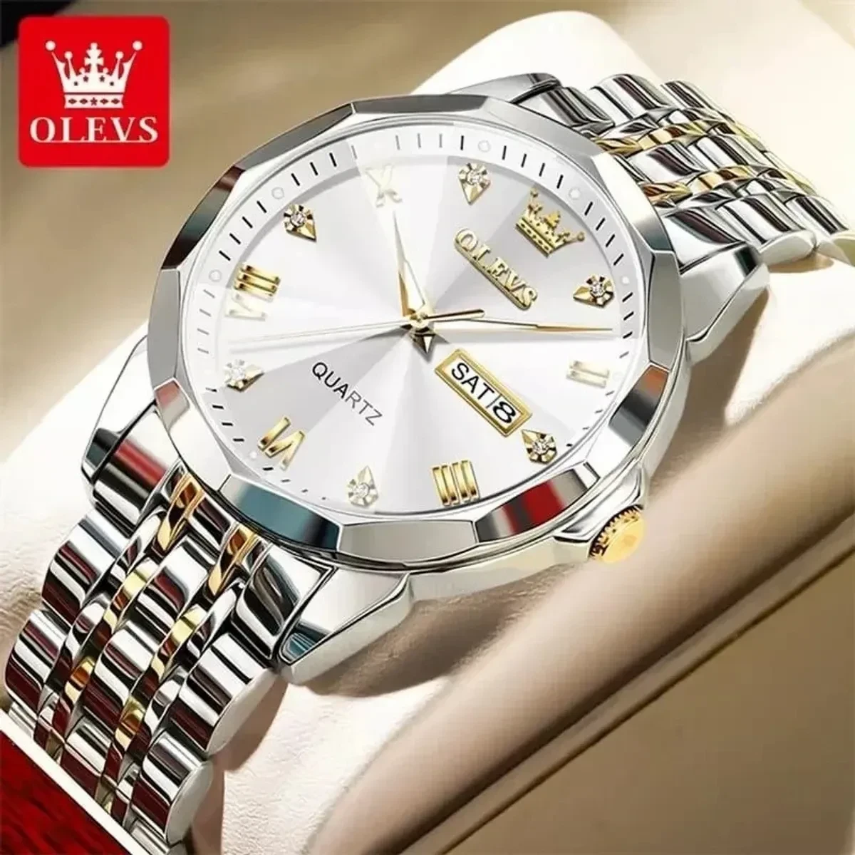 COMBO WATCH 2PS OLEVS MODEL 9931 TOTON DIAL WHITE  MAN 1PS + WOMEN 1PS - 2 পিস ব্যাটারি ফ্রি।