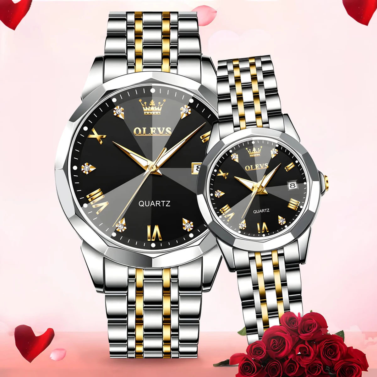 COMBO WATCH 2PS OLEVS MODEL 9931 Watch for Men Stainless Steel Watches UNISEX TOTON AR DIAL BLACK COLOUR WATCH UNISEX + এক পিস ব্যাটারি ফ্রি।