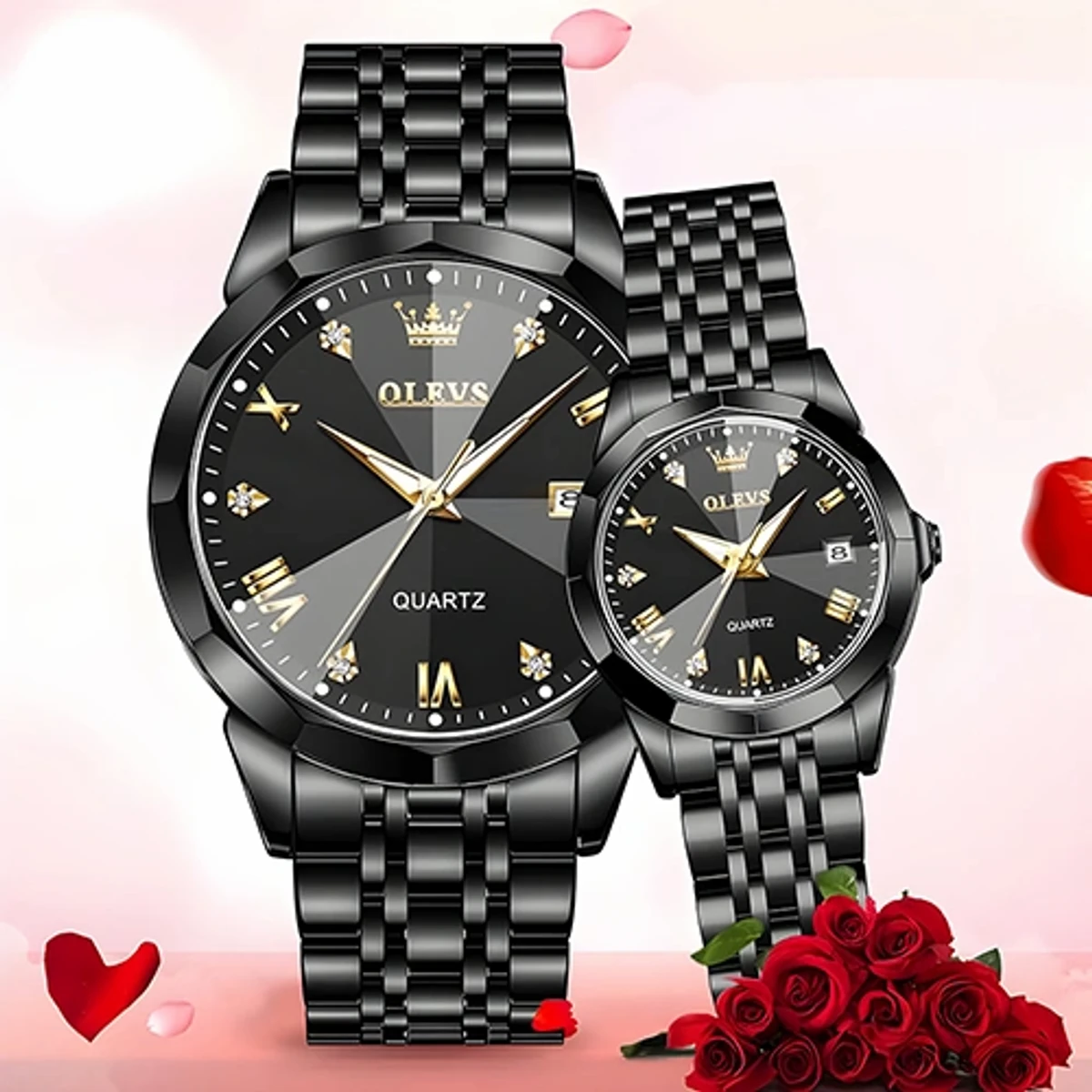 COMBO WATCH 2PS OLEVS MODEL 9931 Watch for Men Stainless Steel Watches UNISEX FULL BLACK COLOUR WATCH UNISEX + এক পিস ব্যাটারি ফ্রি।