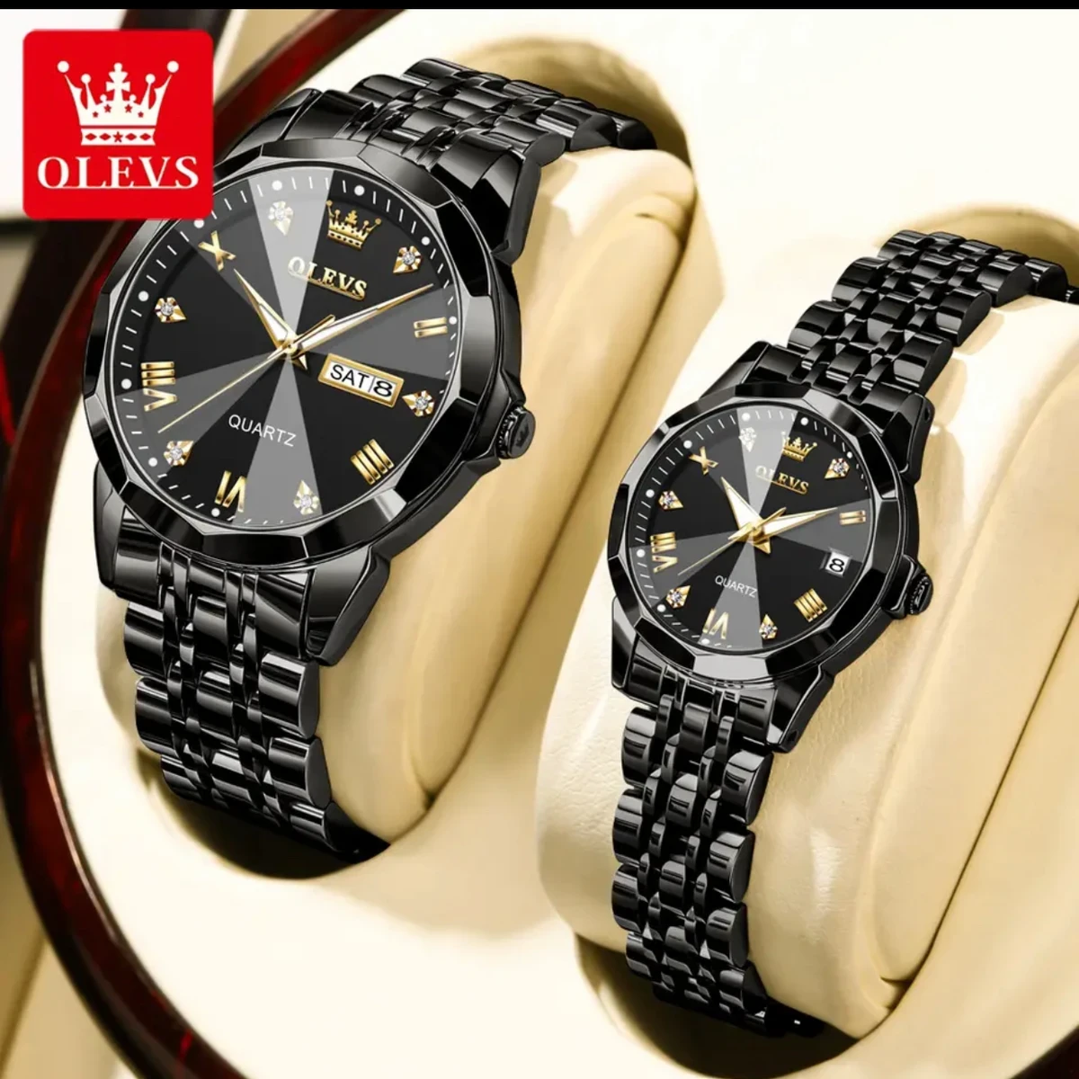 COMBO WATCH 2PS OLEVS MODEL 9931 FULL BLACK COLOUR MAN 1PS + WOMEN 1PS - 2 পিস ব্যাটারি ফ্রি।