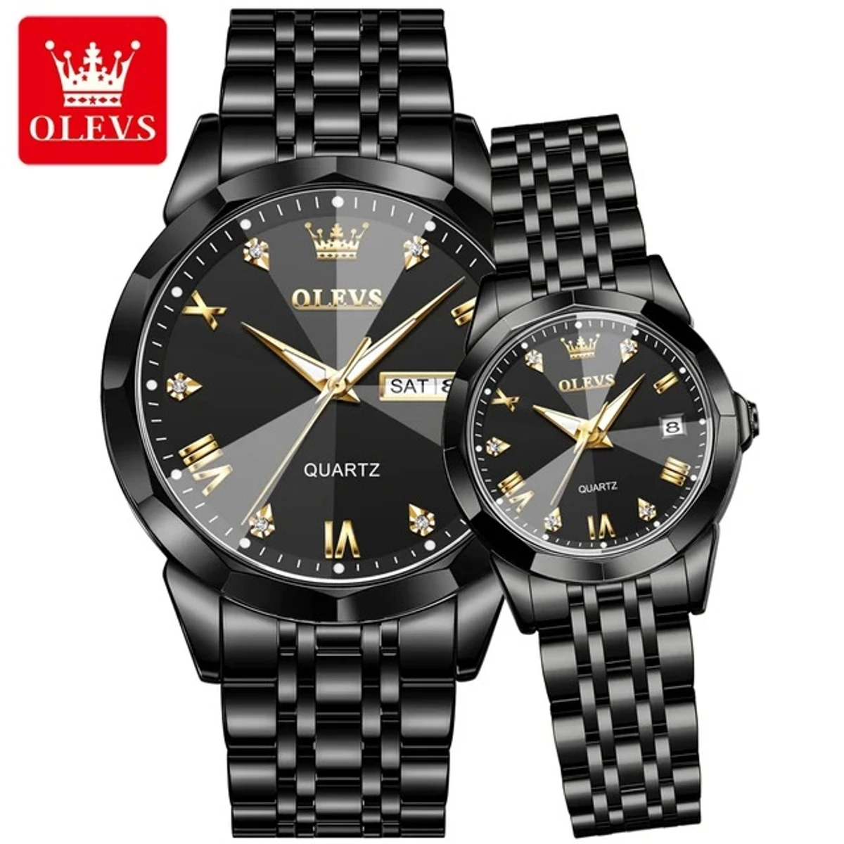 COMBO WATCH 2PS OLEVS MODEL 9931 FULL BLACK COLOUR MAN 1PS + WOMEN 1PS - 2 পিস ব্যাটারি ফ্রি।