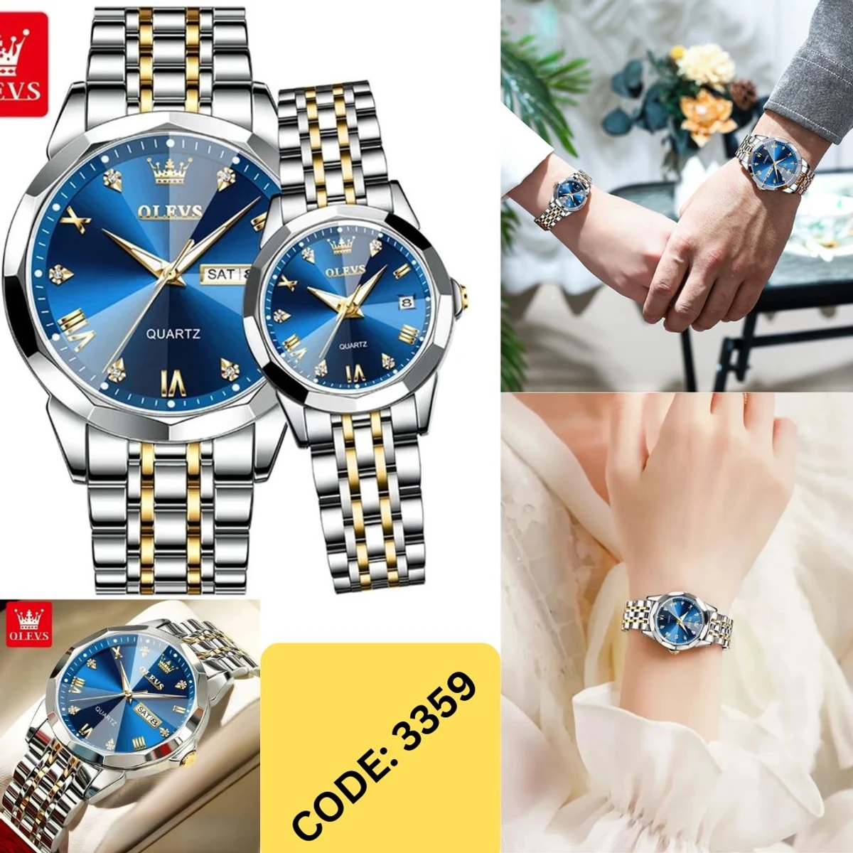 COMBO WATCH 2PS OLEVS MODEL 9931 TOTON DIAL BLUE MAN 1PS + WOMEN 1PS - 2  পিস ব্যাটারি ফ্রি।