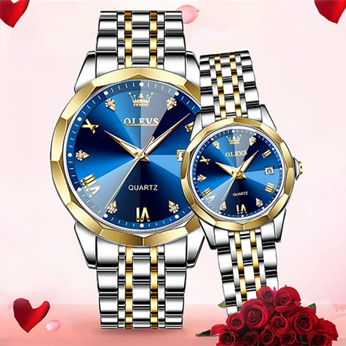 COMBO WATCH 2PS OLEVS MODEL 9931 Watch for Men Stainless Steel Watches UNISEX TOTON AR DIAL BLUE ROUND GOLDEN COLOUR WATCH UNISEX + এক পিস ব্যাটারি ফ্রি।