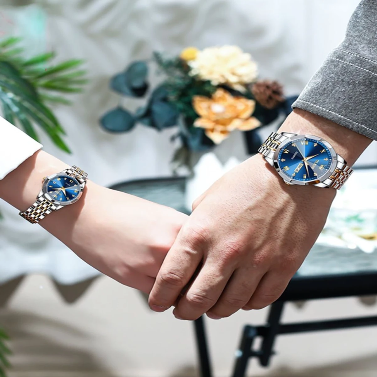 COMBO WATCH 2PS OLEVS MODEL 9931 TOTON DIAL BLUE MAN 1PS + WOMEN 1PS - 2  পিস ব্যাটারি ফ্রি।