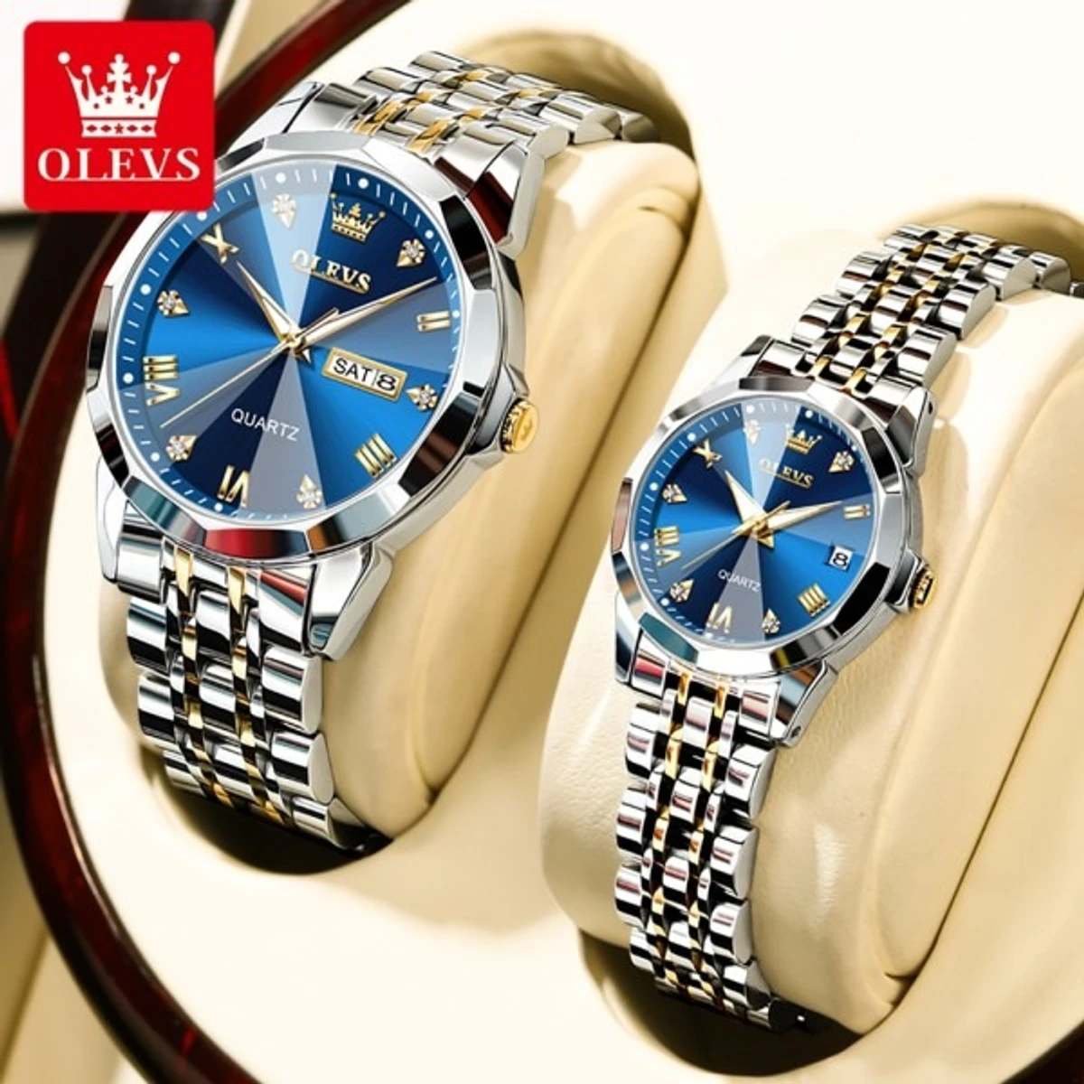 COMBO WATCH 2PS OLEVS MODEL 9931 TOTON DIAL BLUE MAN 1PS + WOMEN 1PS - 2  পিস ব্যাটারি ফ্রি।