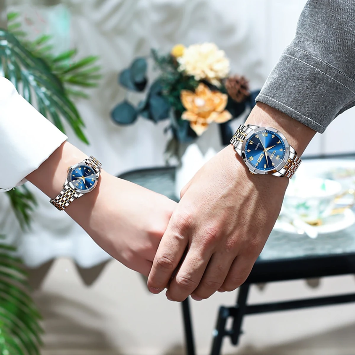 COMBO WATCH 2PS OLEVS MODEL 9931 TOTON DIAL BLUE MAN 1PS + WOMEN 1PS - 2  পিস ব্যাটারি ফ্রি।