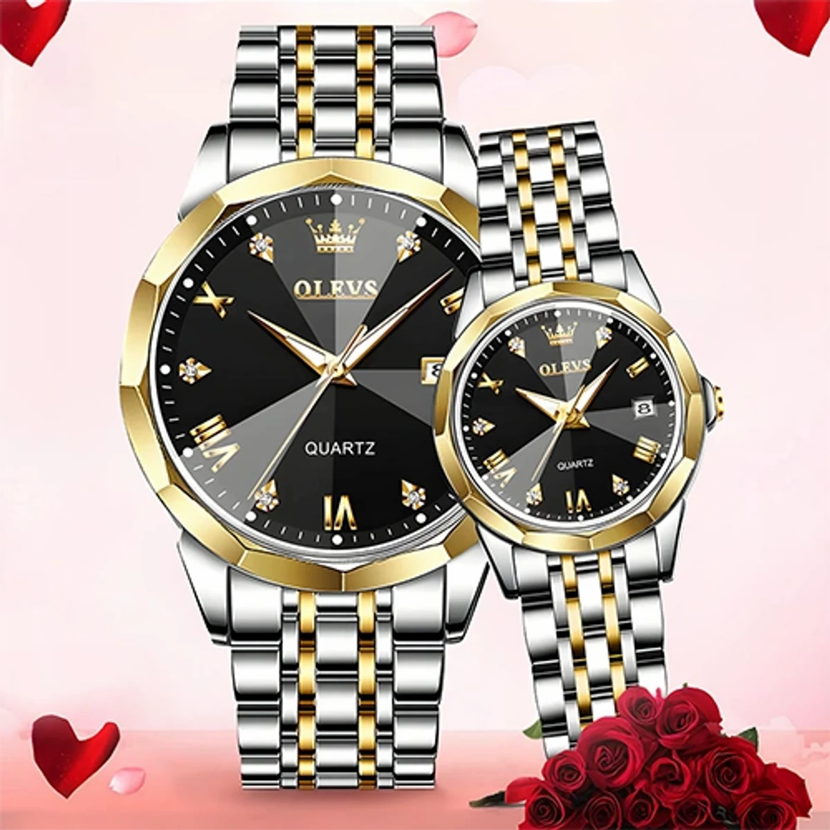 COMBO WATCH 2PS OLEVS MODEL 9931 Watch for Men Stainless Steel Watches UNISEX TOTON AR DIAL BLACK ROUND GOLDEN COLOUR WATCH UNISEX + এক পিস ব্যাটারি ফ্রি।