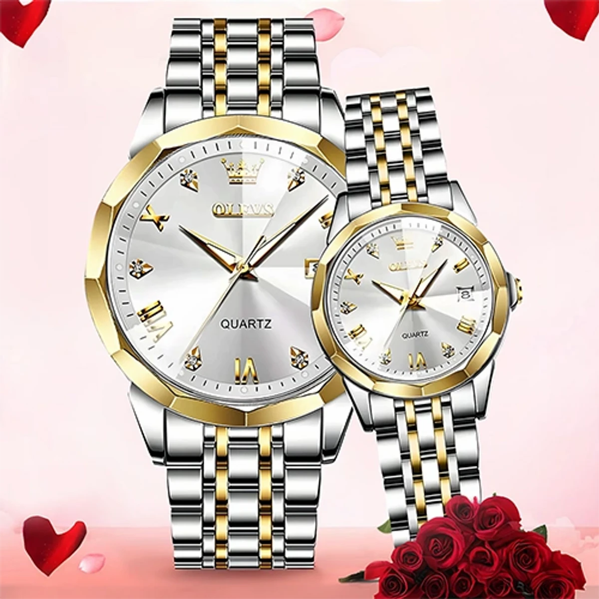 COMBO WATCH 2PS OLEVS MODEL 9931 Watch for Men Stainless Steel Watches UNISEX TOTON AR DIAL WHITE  ROUND GOLDEN COLOUR WATCH UNISEX + এক পিস ব্যাটারি ফ্রি।