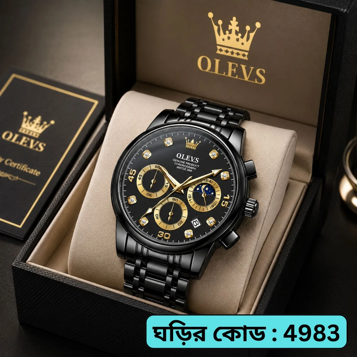 OLEVS MODEL 2889 Watch for Men Stainless Stches - 2889 FULL BLACK COLOUR WATCH MAN + এক পিস ব্যাটারি ফ্রি।eel Wat