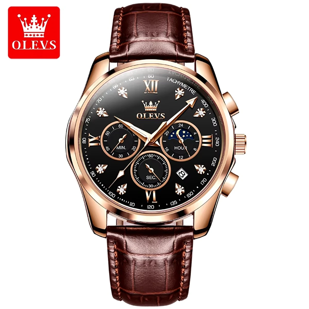 OLEVS WATCH MODEL 2888 BELT BROWN DIAL BLACK FOR MEN FASHION WATCH + এক পিস ব্যাটারি ফ্রি