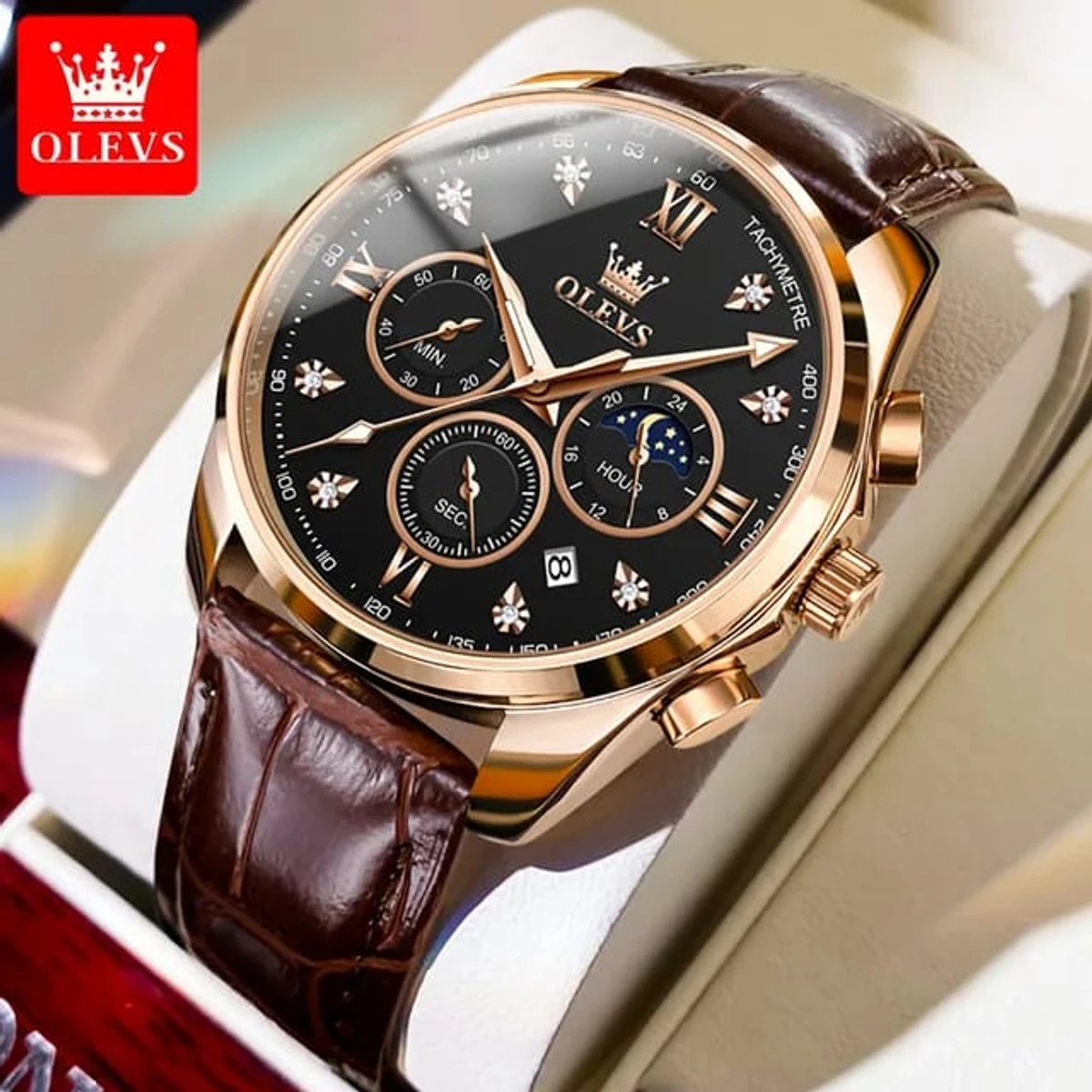 OLEVS WATCH MODEL 2888 BELT BROWN DIAL BLACK FOR MEN FASHION WATCH + এক পিস ব্যাটারি ফ্রি