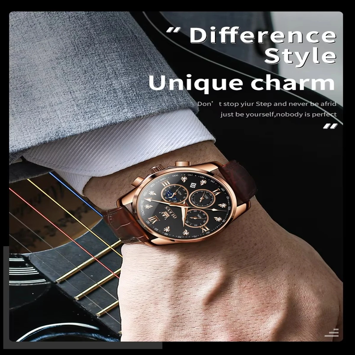 OLEVS WATCH MODEL 2888 BELT BROWN DIAL BLACK FOR MEN FASHION WATCH + এক পিস ব্যাটারি ফ্রি