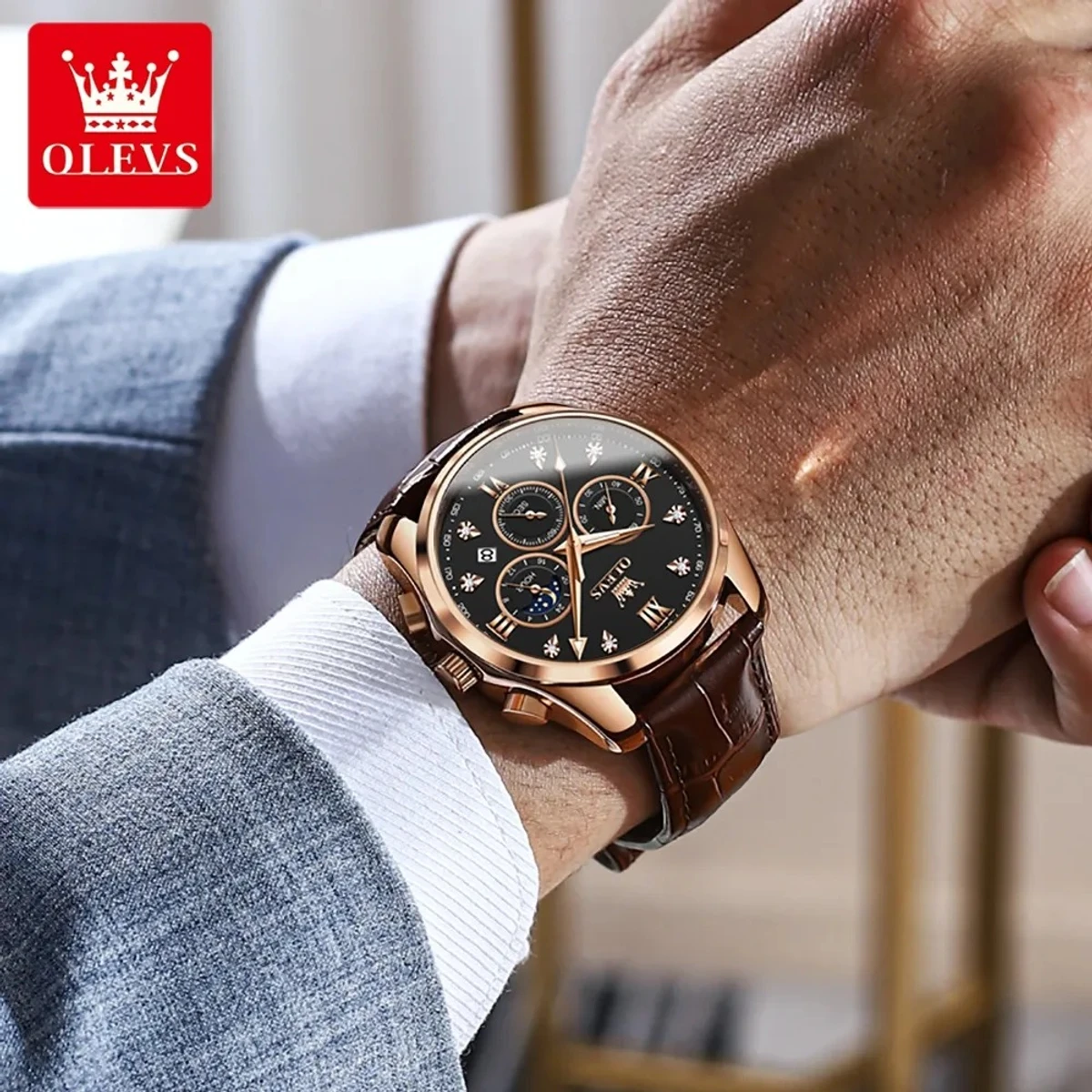 OLEVS WATCH MODEL 2888 BELT BROWN DIAL BLACK FOR MEN FASHION WATCH + এক পিস ব্যাটারি ফ্রি