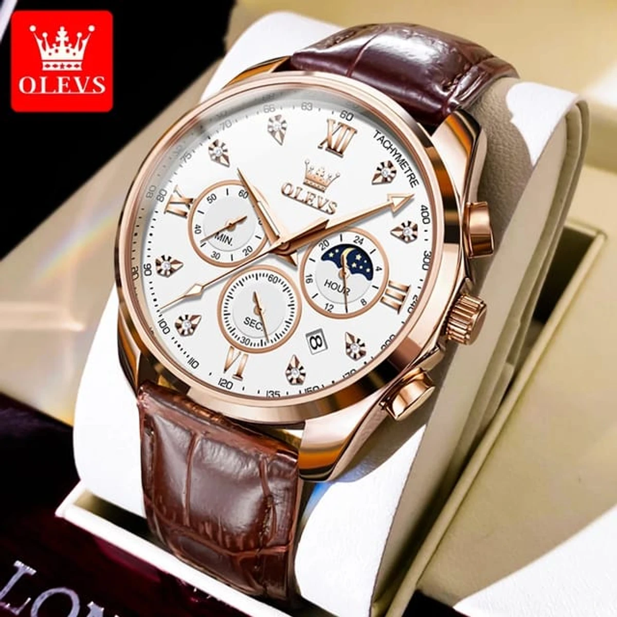 OLEVS WATCH MODEL 2888 BELT BROWN DIAL WHITE WATCH FOR MEN + এক পিস ব্যাটারি ফ্রি