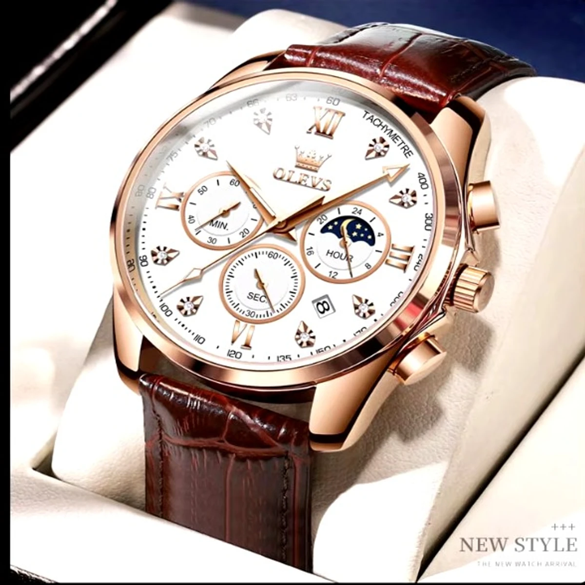OLEVS WATCH MODEL 2888 BELT BROWN DIAL WHITE WATCH FOR MEN + এক পিস ব্যাটারি ফ্রি