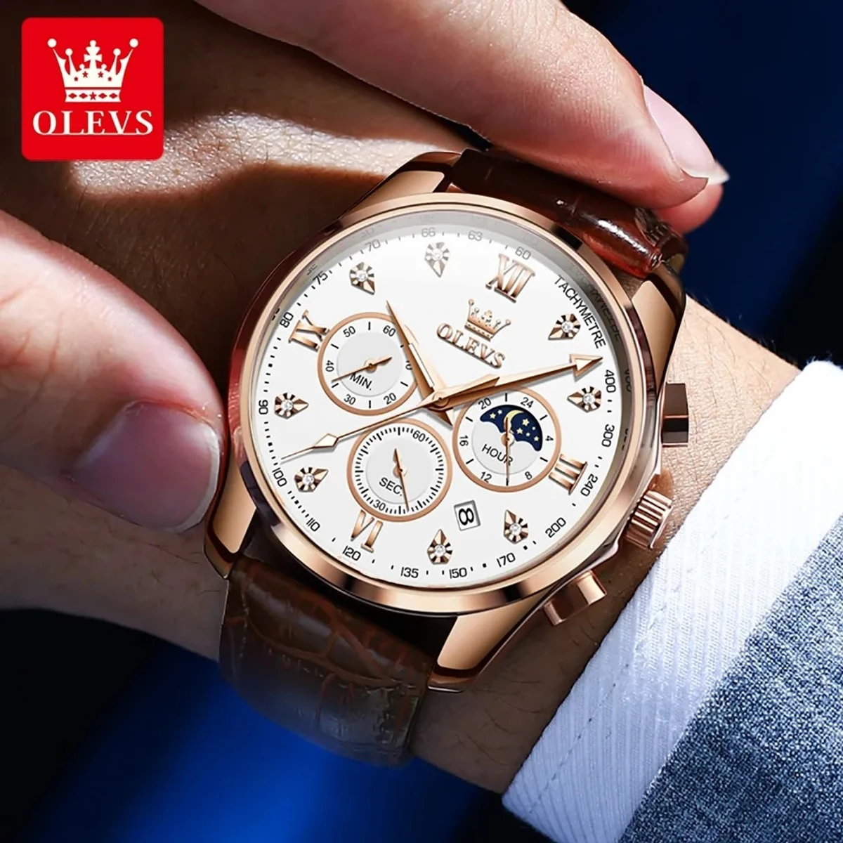 OLEVS WATCH MODEL 2888 BELT BROWN DIAL WHITE WATCH FOR MEN + এক পিস ব্যাটারি ফ্রি