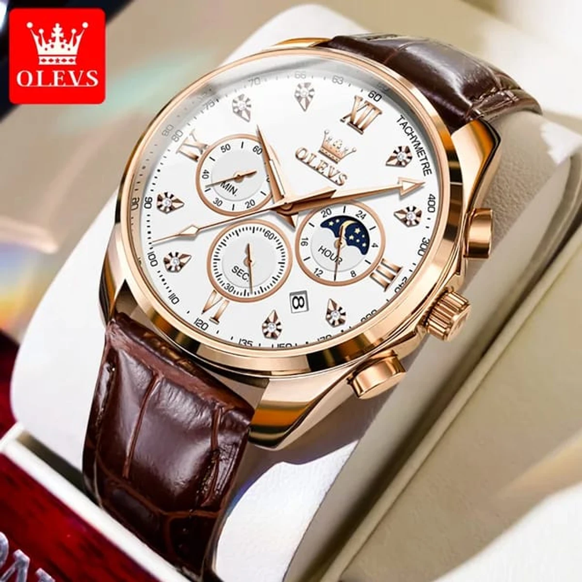 OLEVS WATCH MODEL 2888 BELT BROWN DIAL WHITE WATCH FOR MEN + এক পিস ব্যাটারি ফ্রি