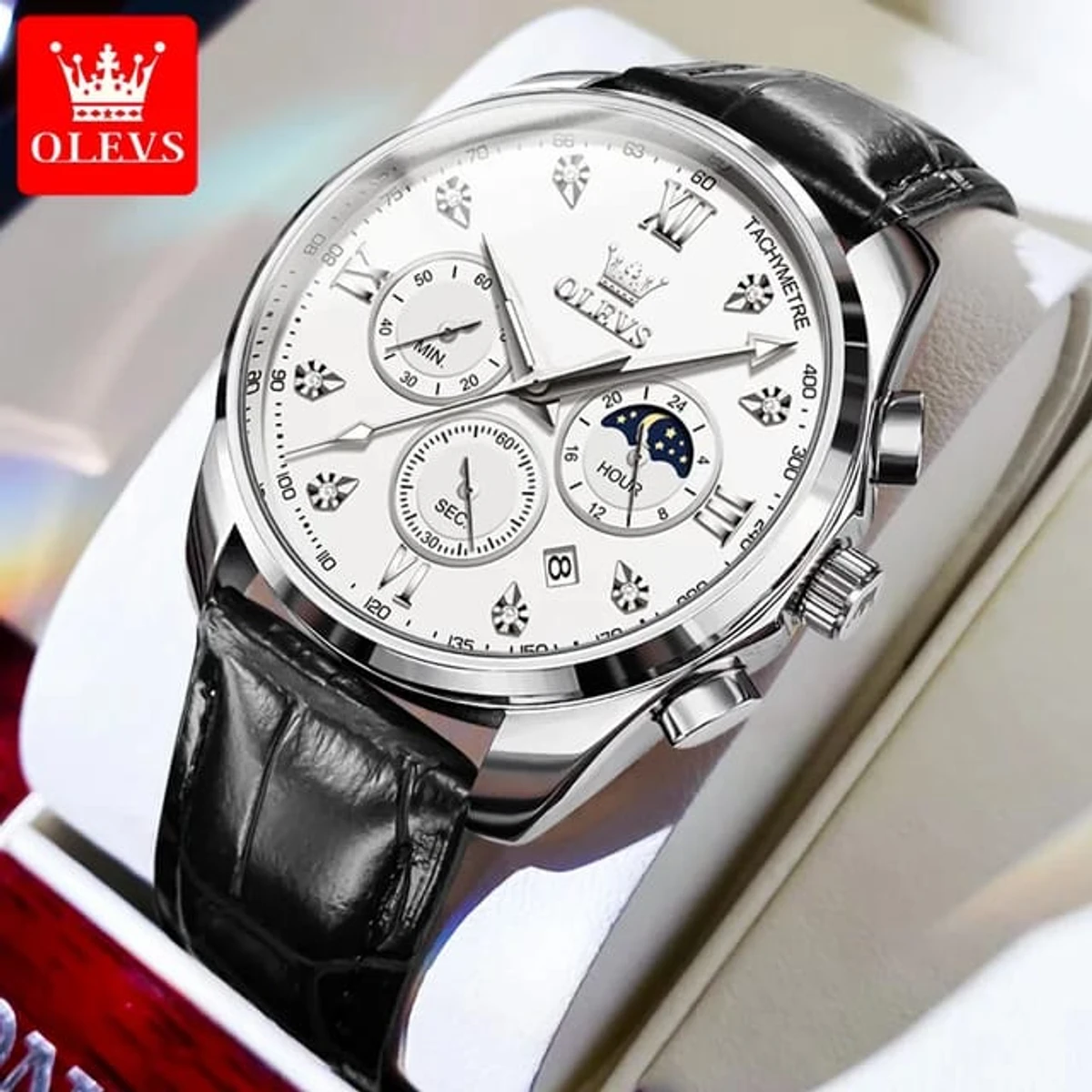 OLEVS WATCH MODEL 2888 BELT BLACK  DIAL WHITE WATCH FOR MEN  + এক পিস ব্যাটারি ফ্রি