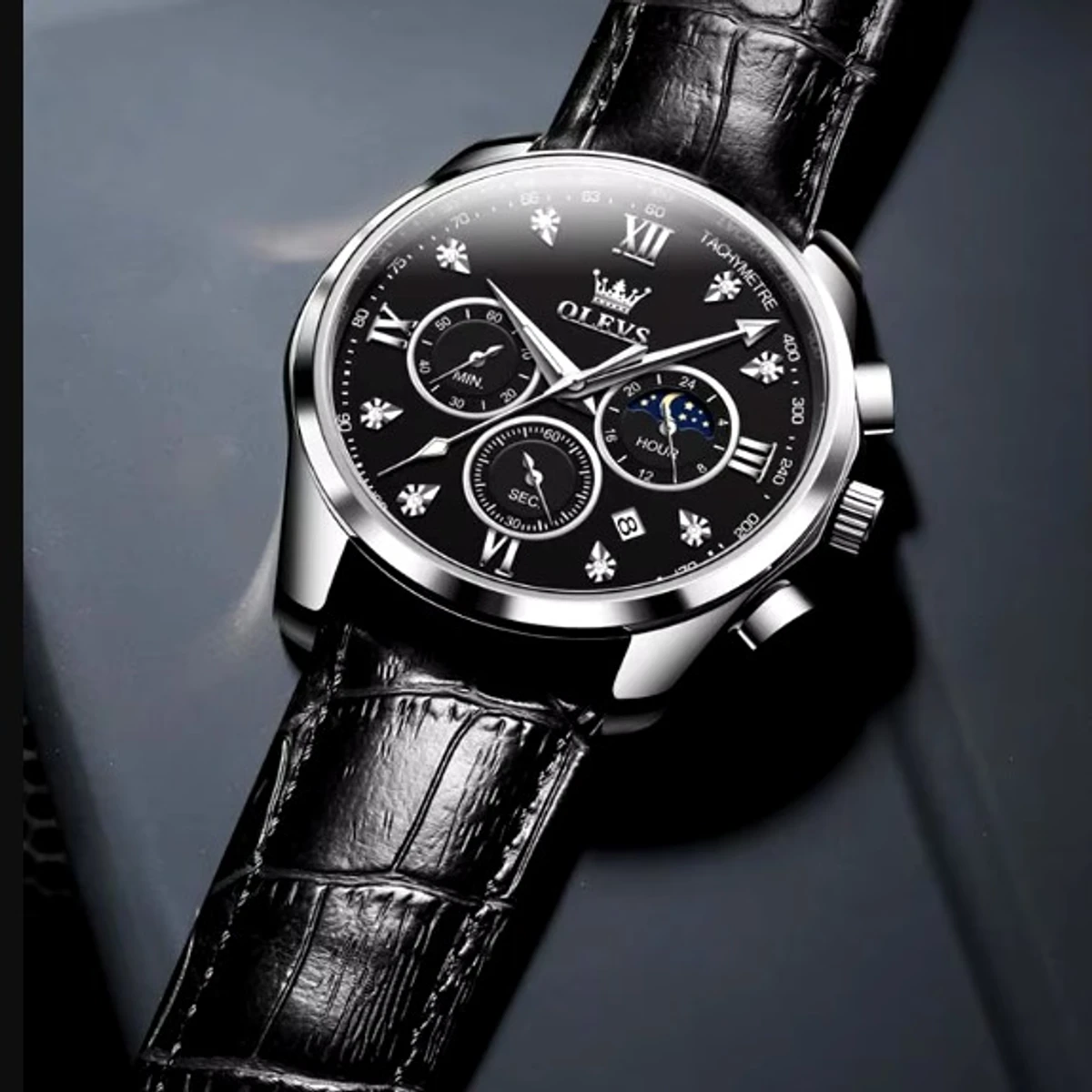 OLEVS WATCH MODEL 2888 BELT BLACK DIAL BLACK WATCH FOR MEN + এক পিস ব্যাটারি ফ্রি