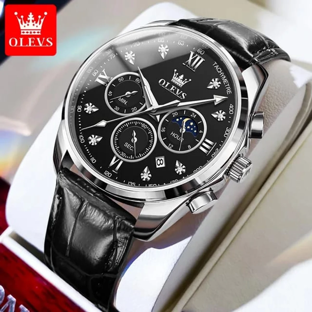 OLEVS WATCH MODEL 2888 BELT BLACK DIAL BLACK WATCH FOR MEN  + এক পিস ব্যাটারি ফ্রি