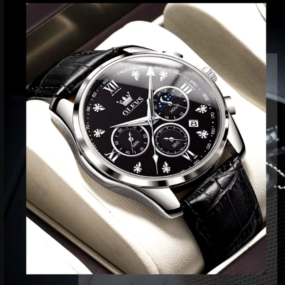OLEVS WATCH MODEL 2888 BELT BLACK DIAL BLACK WATCH FOR MEN + এক পিস ব্যাটারি ফ্রি