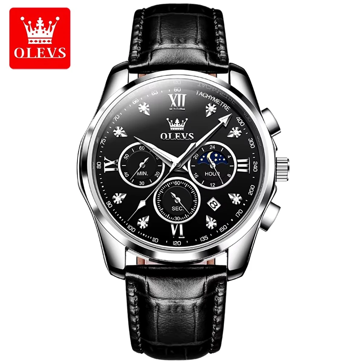 OLEVS WATCH MODEL 2888 BELT BLACK DIAL BLACK WATCH FOR MEN + এক পিস ব্যাটারি ফ্রি