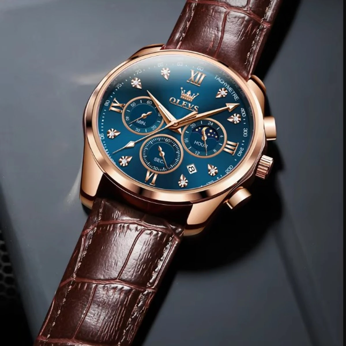 OLEVS WATCH MODEL 2888 BELT BROWN DIAL BLUE WATCH FOR MEN + এক পিস ব্যাটারি ফ্রি