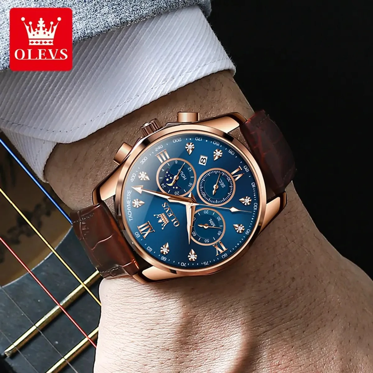 OLEVS WATCH MODEL 2888 BELT BROWN DIAL BLUE WATCH FOR MEN + এক পিস ব্যাটারি ফ্রি
