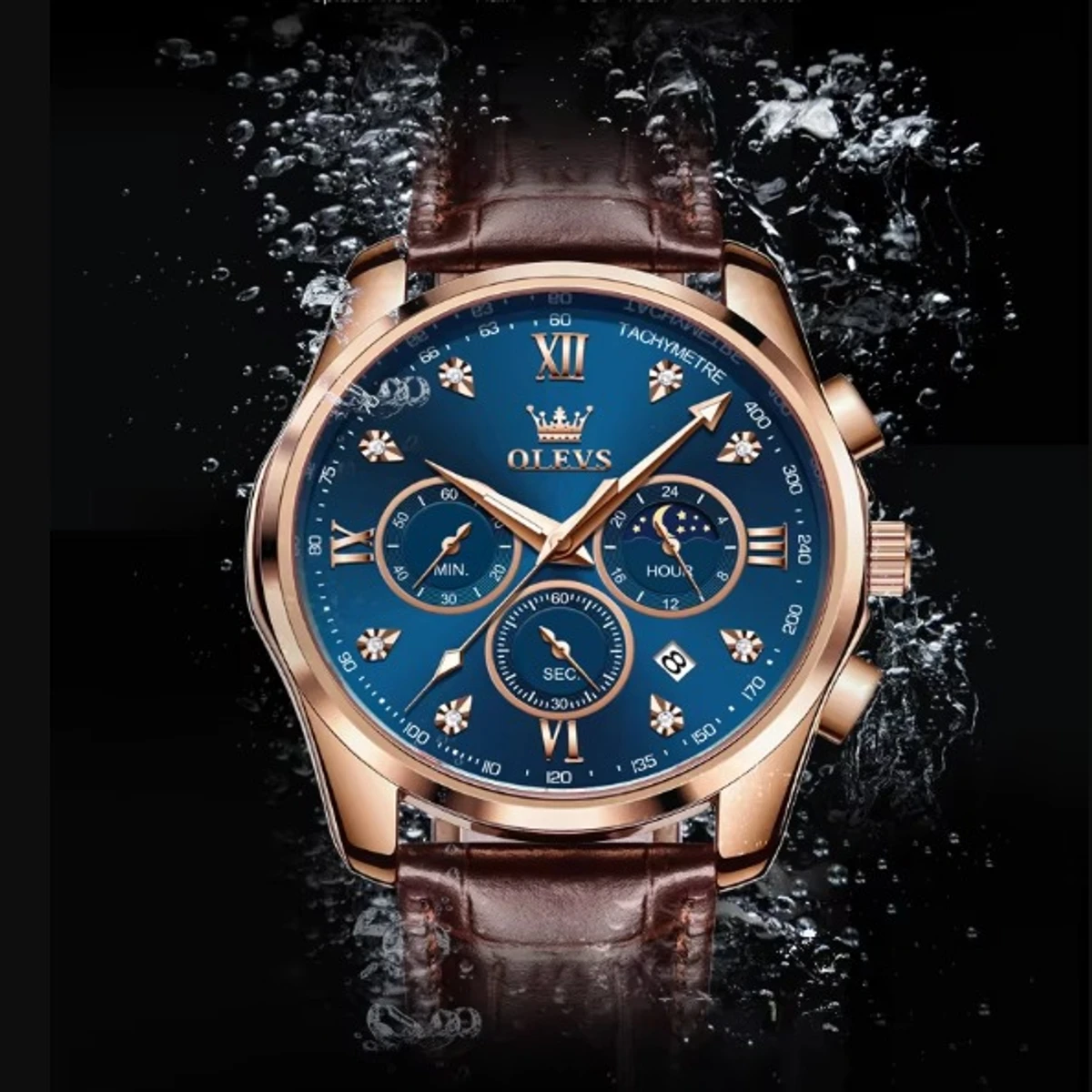 OLEVS WATCH MODEL 2888 BELT BROWN DIAL BLUE  WATCH FOR MEN  + এক পিস ব্যাটারি ফ্রি