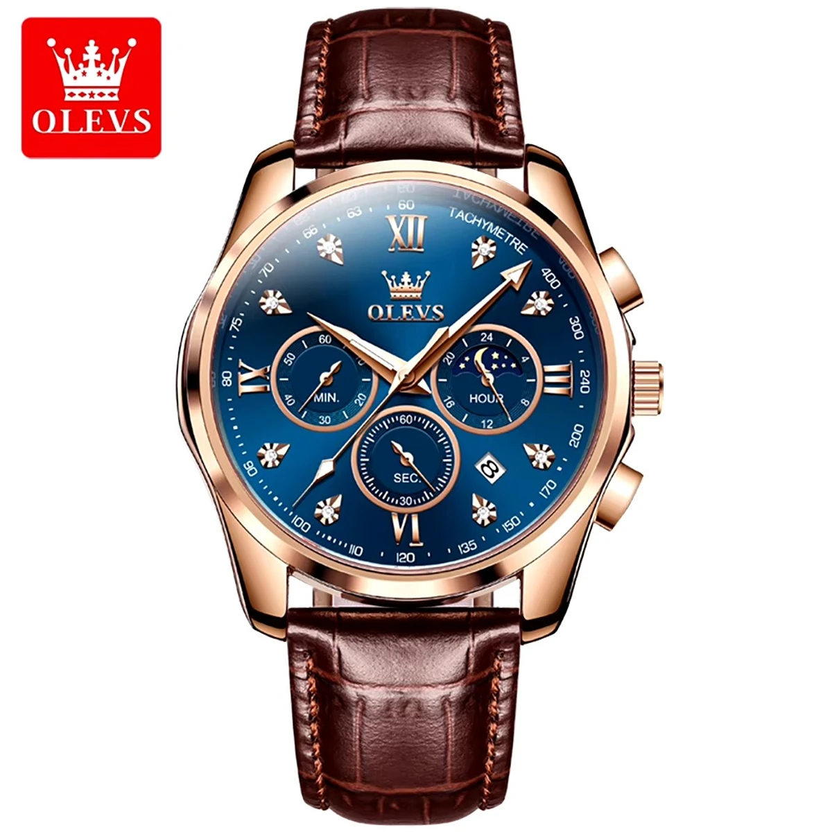 OLEVS WATCH MODEL 2888 BELT BROWN DIAL BLUE WATCH FOR MEN + এক পিস ব্যাটারি ফ্রি