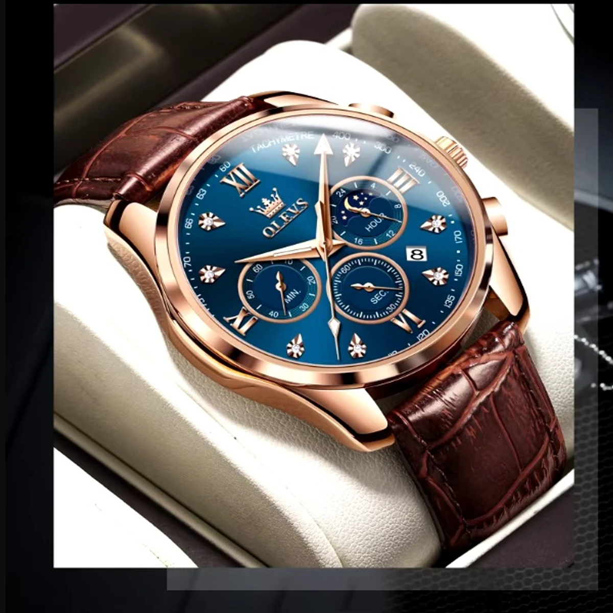 OLEVS WATCH MODEL 2888 BELT BROWN DIAL BLUE WATCH FOR MEN + এক পিস ব্যাটারি ফ্রি