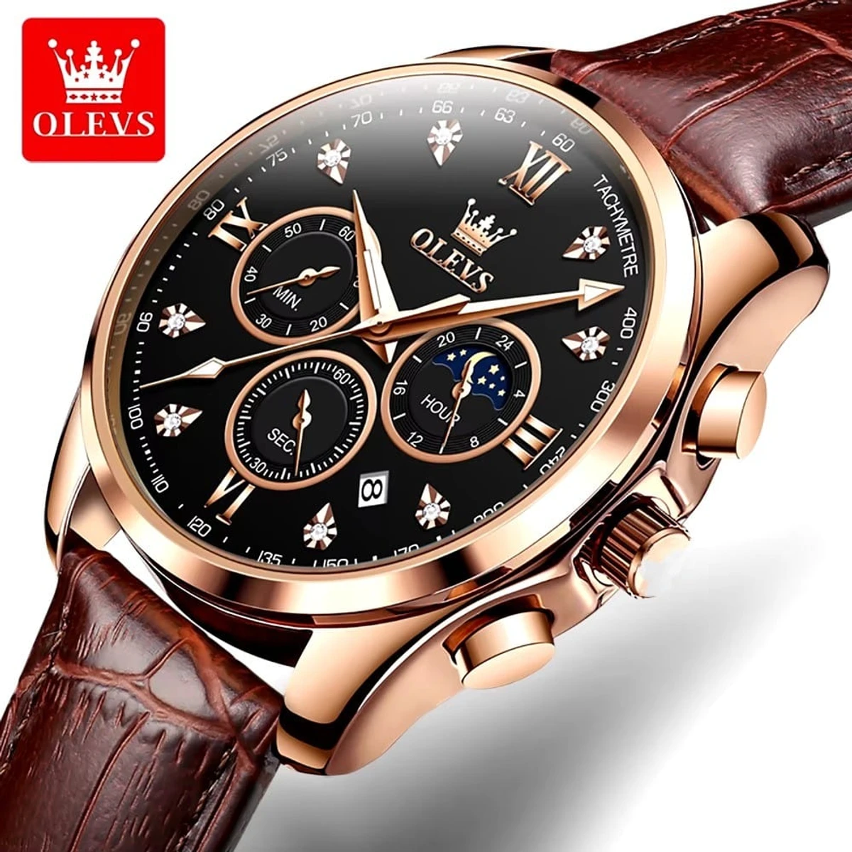 OLEVS WATCH MODEL 2888 BELT BROWN DIAL BLACK FOR MEN FASHION WATCH + এক পিস ব্যাটারি ফ্রি।