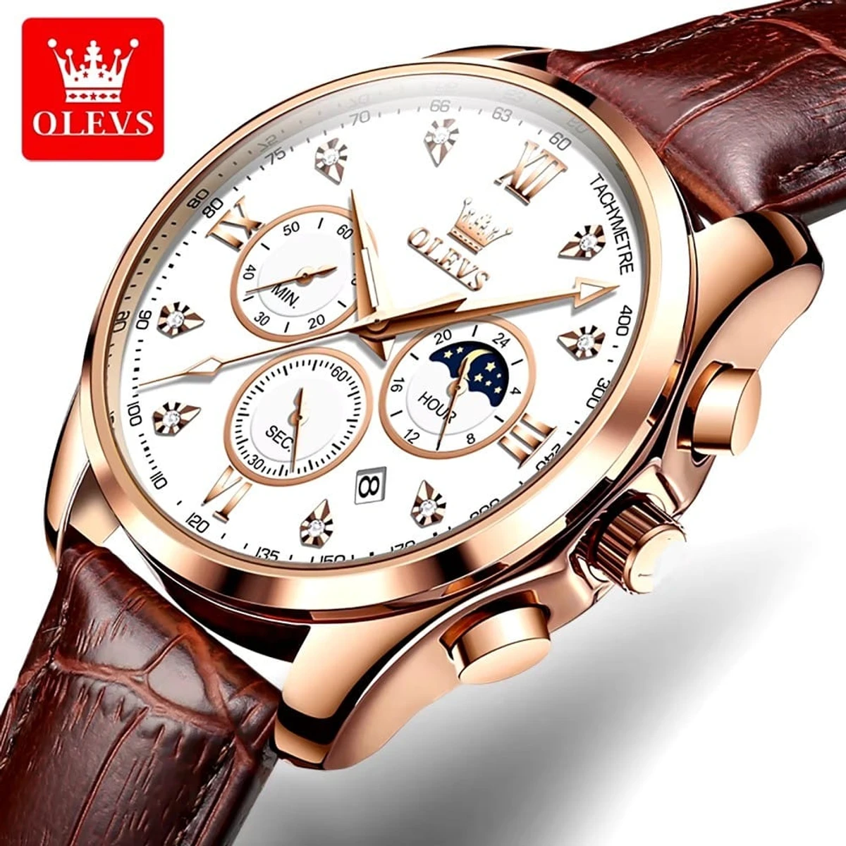 OLEVS WATCH MODEL 2888 BELT BROWN DIAL WHITE WATCH FOR MEN + এক পিস ব্যাটারি ফ্রি।