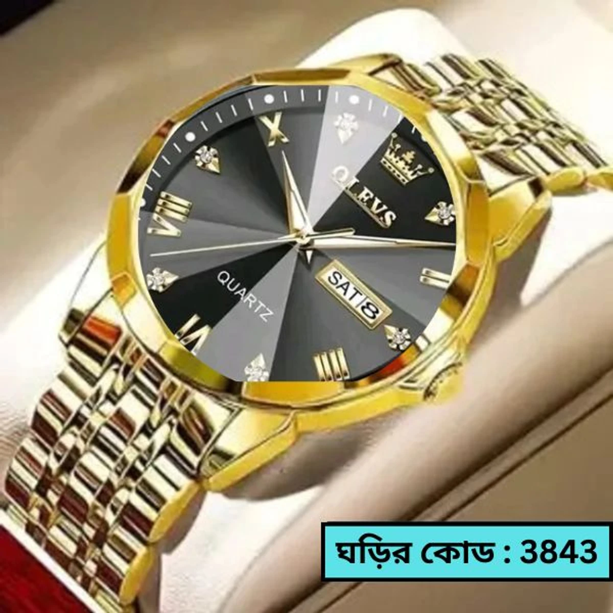 OLEVS WATCH MEN MODEL 9931 GOLDEN CHAIN DIAL BLACK Watch for Men Stainless Steel Watches  - LOCK PUSH + এক পিস ব্যাটারি ফ্রি।