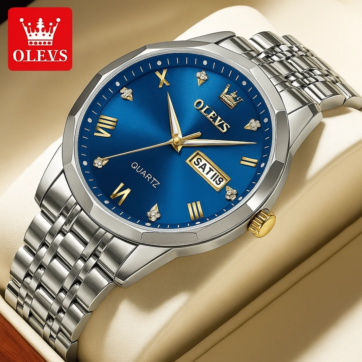 OLEVS WATCH MEN MODEL 9931 SILVER  CHAIN DIAL BLUE COLOUR  Watch for Men  - LOCK PUSH + এক পিস ব্যাটারি ফ্রি।