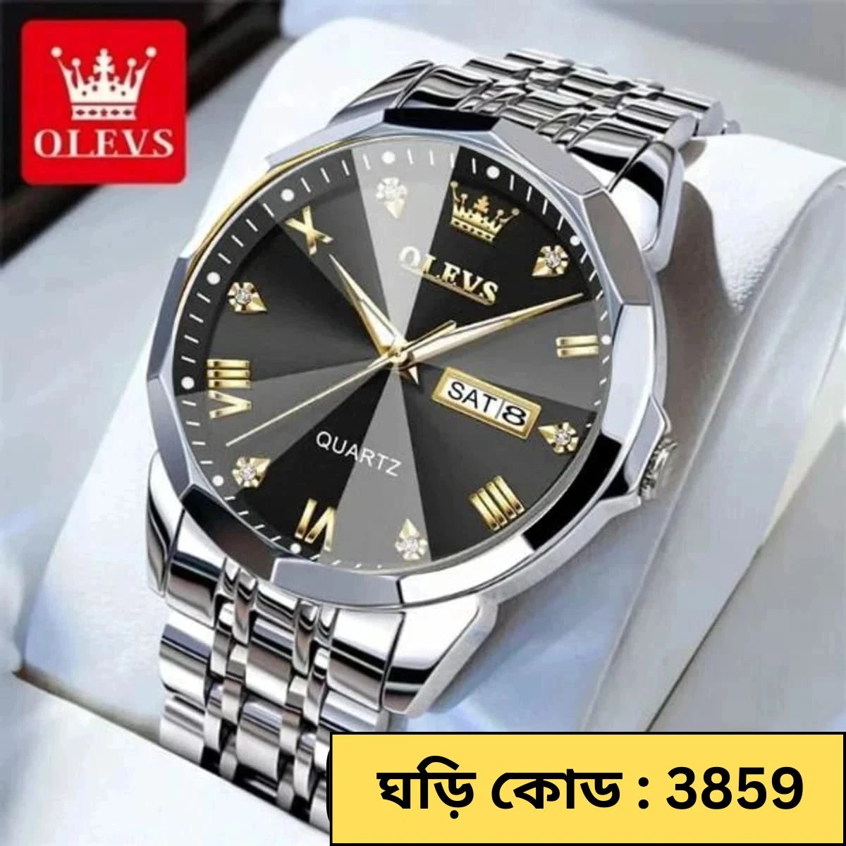 OLEVS WATCH MEN MODEL 9931 SILVER CHAIN DIAL BLACK COLOUR Watch for Men Stainless Steel Watches - LOCK PUSH + এক পিস ব্যাটারি ফ্রি।