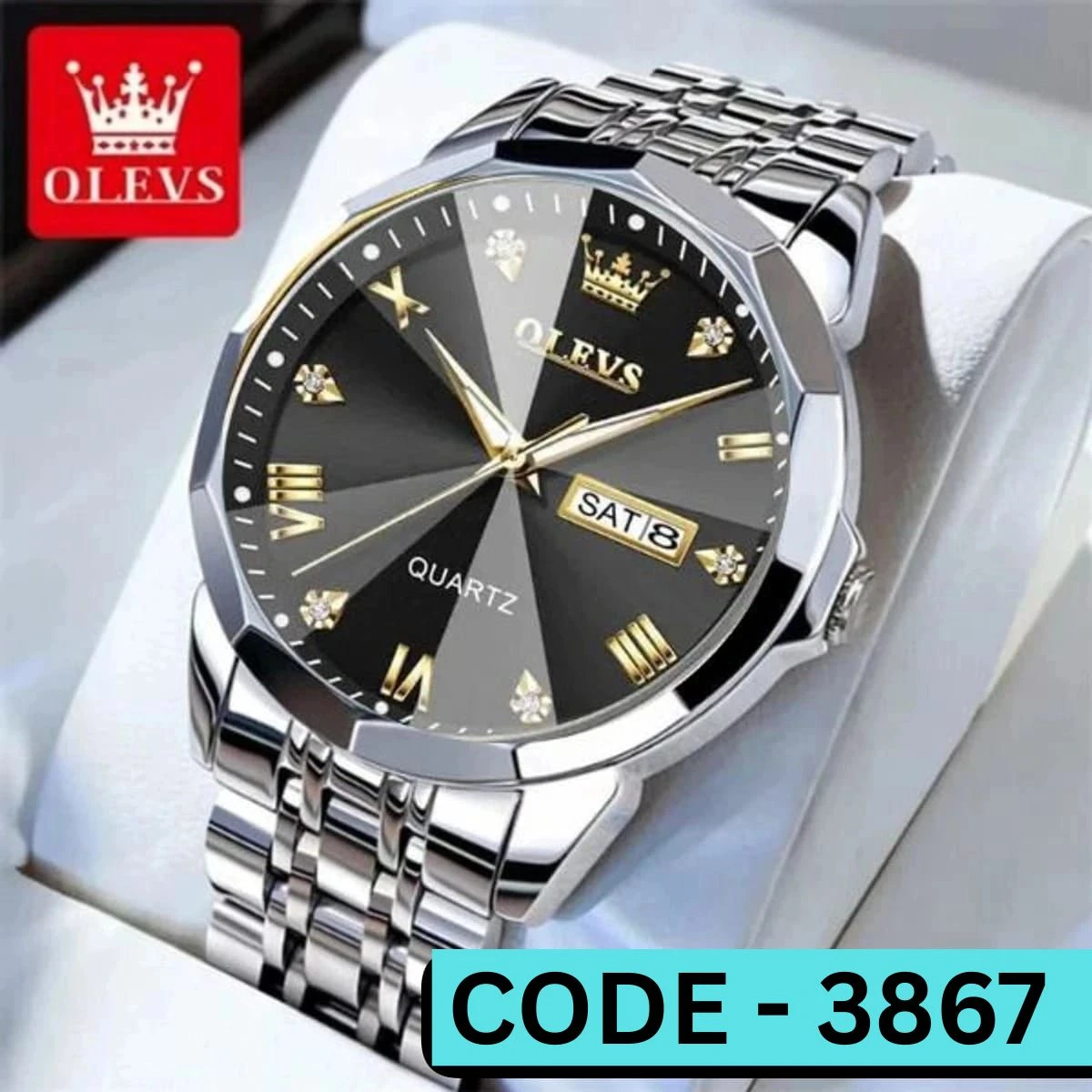 OLEVS WATCH MEN MODEL 9931 SILVER CHAIN DIAL BLACK COLOUR Watch for Men Stainless Steel Watches - LOCK PUSH + এক পিস ব্যাটারি ফ্রি।