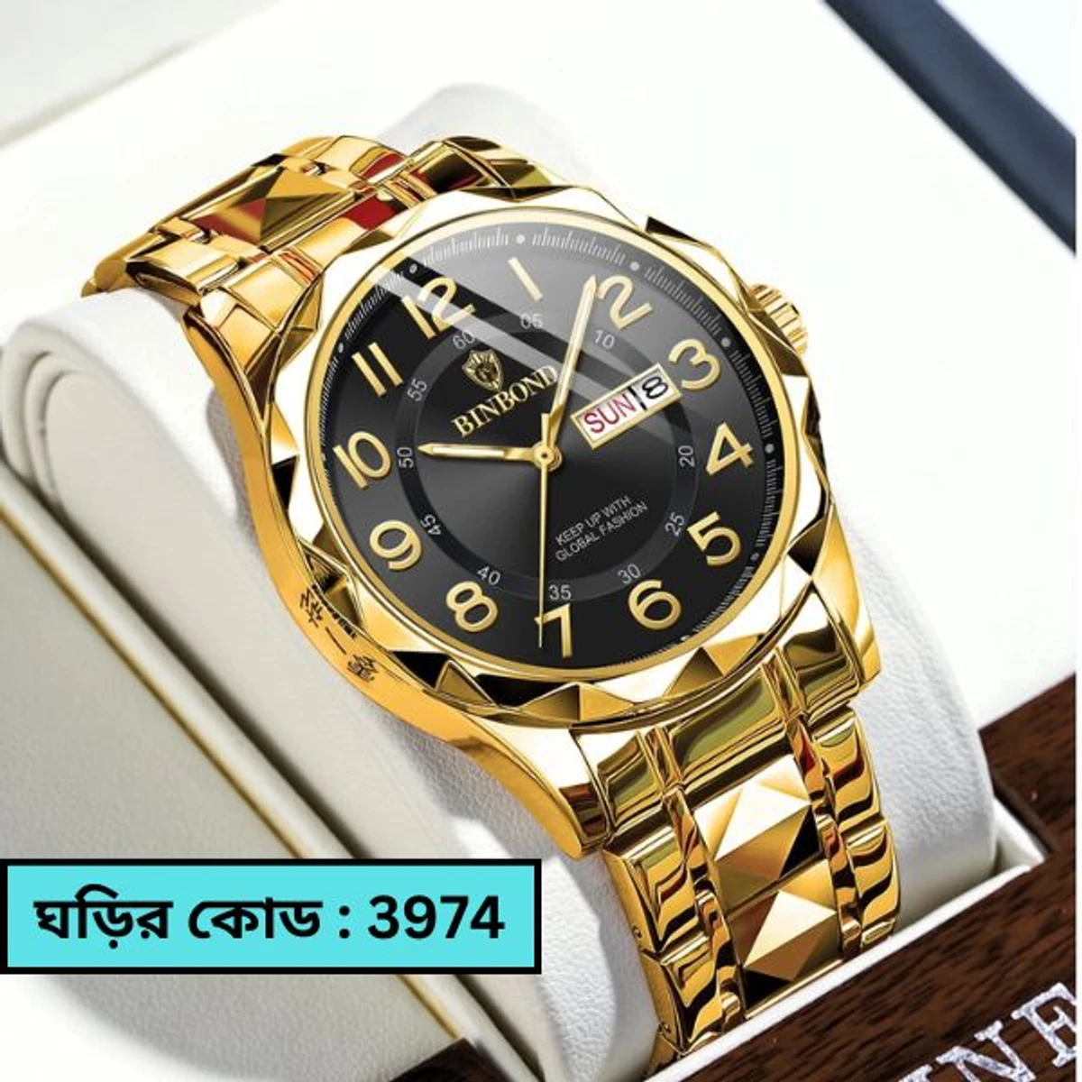 Luxury Binbond Dimon card Digain Stainless Steel Classic Waterproof Watch BINBOND MODEL 5663 GOLDEN CHAIN DIAL BLACK COOLER WATCH