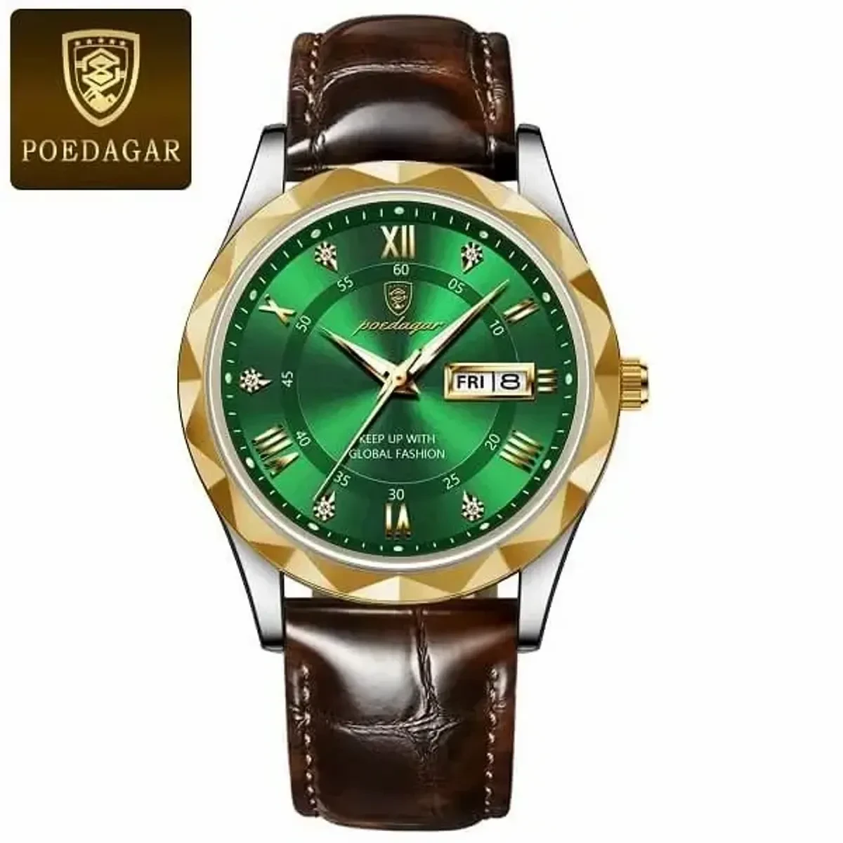 POEDAGAR 615 WATCH BELT BROWN ROUND GOLDEN DIAL GREEN COLOUR WATCH + এক পিস ব্যাটারি ফ্রি।