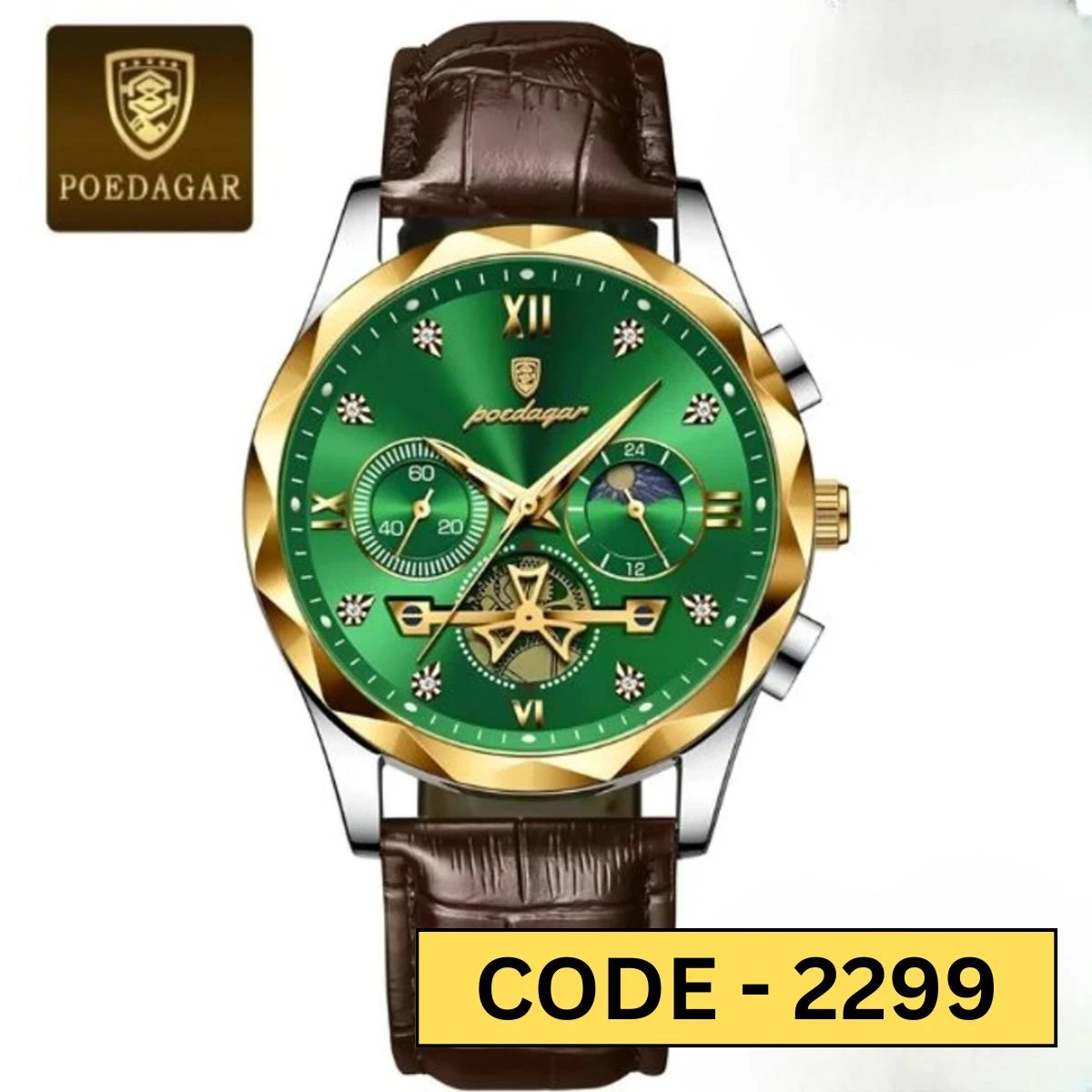 POEDAGAR 996 MODEL WATCH BELT BROWN ROUND GOLDEN DIAL GREEN COLOUR WATCH + এক পিস ব্যাটারি ফ্রি।
