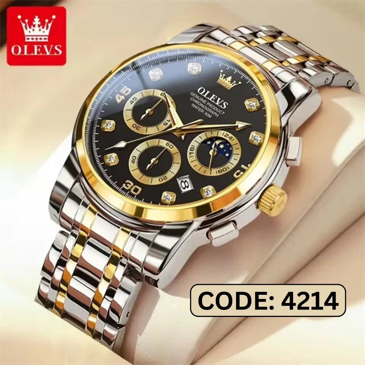 OLEVS MODEL 2889 Watch for Men Stainless Steel Watches - 2889 TOTON AR DIAL BLACK ROUND GOLDEN - MAN WATCH + এক পিস ব্যাটারি ফ্রি।