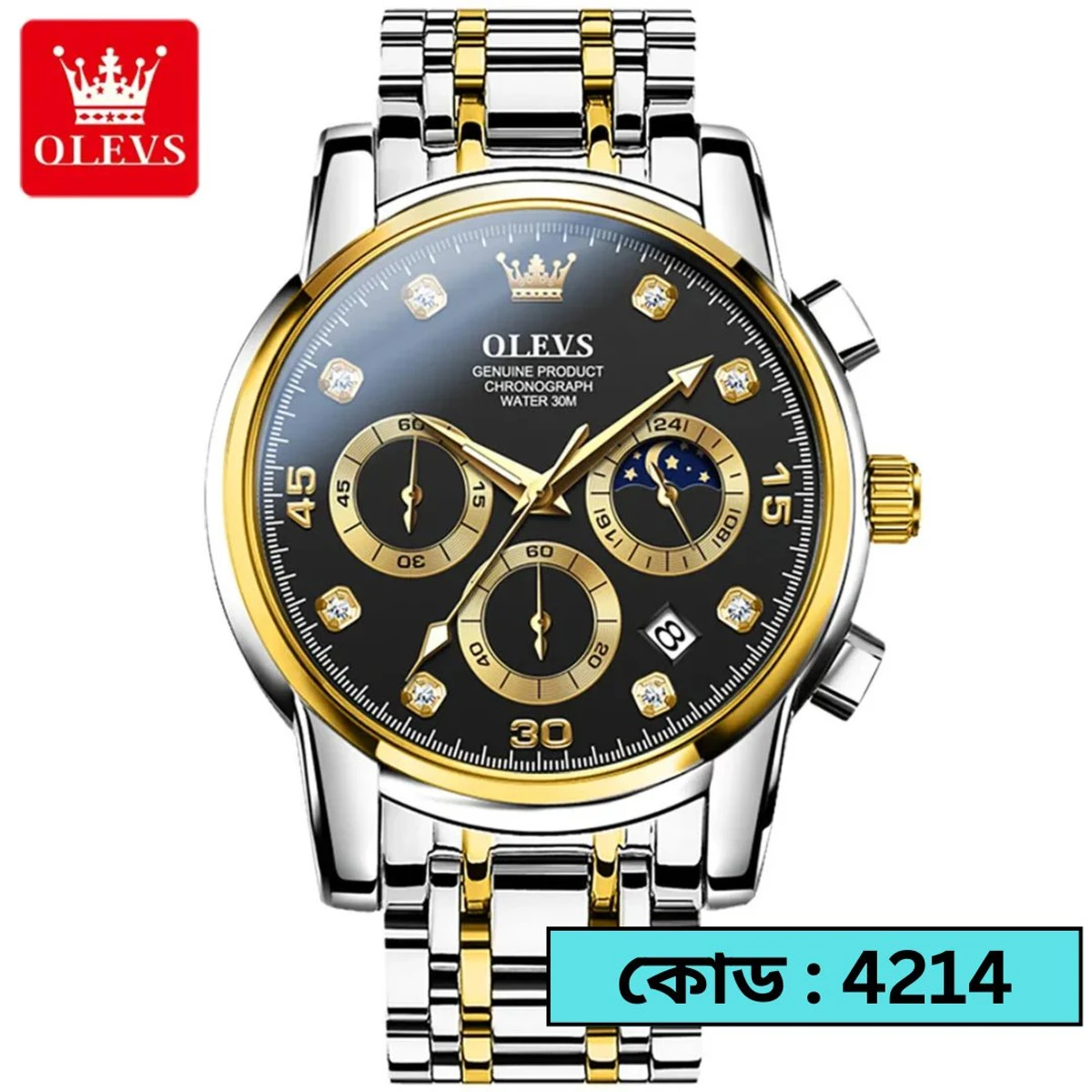OLEVS MODEL 2889 Watch for Men Stainless Steel Watches - 2889 TOTON AR DIAL BLACK ROUND GOLDEN - MAN WATCH + এক পিস ব্যাটারি ফ্রি।