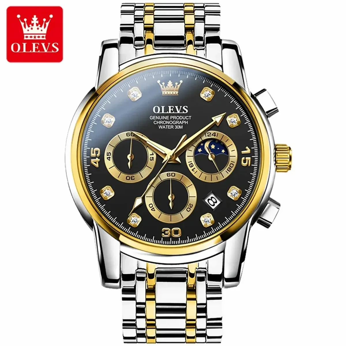 OLEVS MODEL 2889 Watch for Men Stainless Steel Watches - 2889 TOTON AR DIAL BLACK ROUND GOLDEN - MAN WATCH + এক পিস ব্যাটারি ফ্রি।