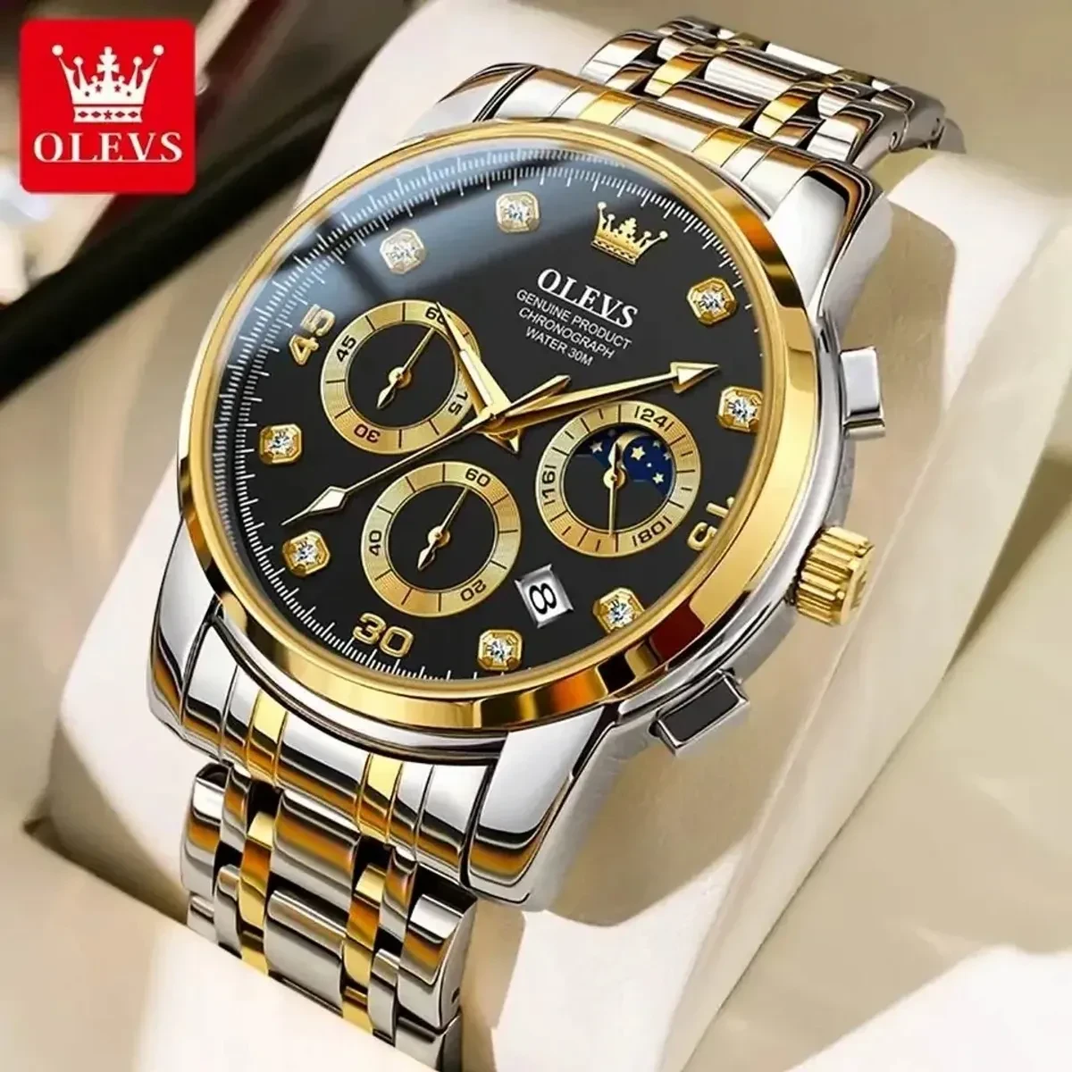 OLEVS MODEL 2889 Watch for Men Stainless Steel Watches - 2889 TOTON AR DIAL BLACK ROUND GOLDEN - MAN WATCH + এক পিস ব্যাটারি ফ্রি।
