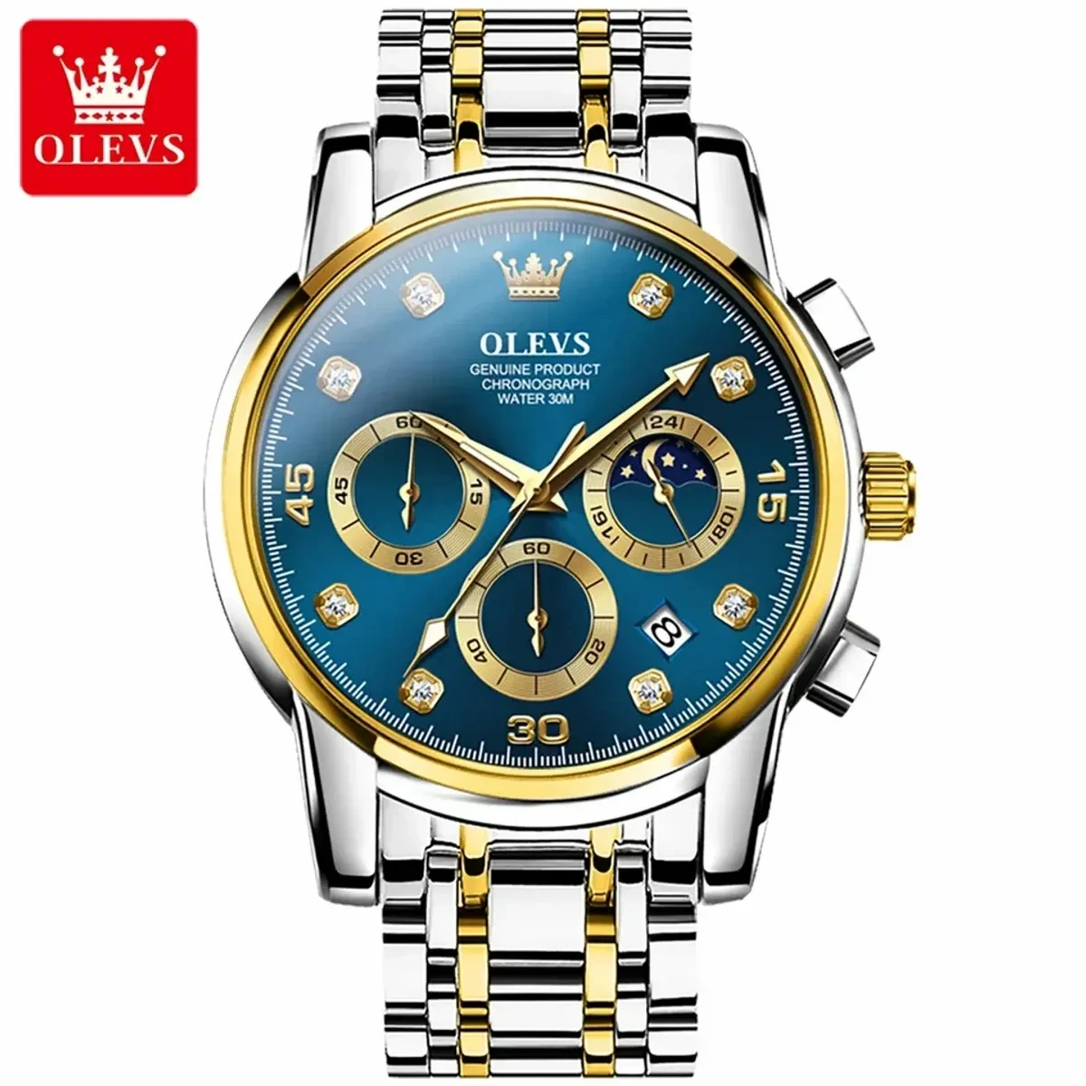 OLEVS MODEL 2889 Watch for Men Stainless Steel Watches - 2889 TOTON AR DIAL BLUE ROUND GOLDEN - MAN WATCH + এক পিস ব্যাটারি ফ্রি।